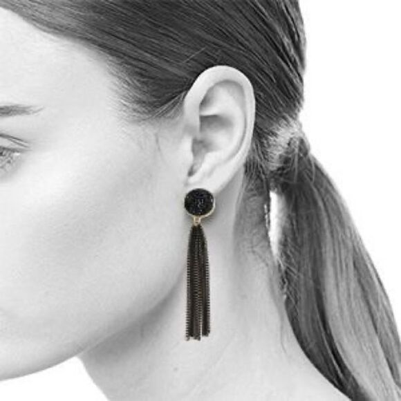 💎63💎 Modern Black Druzy with Long Black Chain Tassel Stud Earrings … - Picture 3 of 16